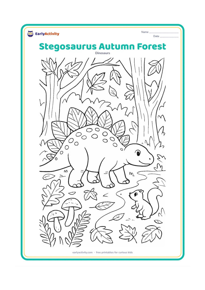 Colouring page: Draw a Stegosaurus walking through an autumn prehistoric forest with patterned back plates, fallen leaves, tree trunks, mushrooms, ferns and a winding trail. Add a squirrel-like small…
