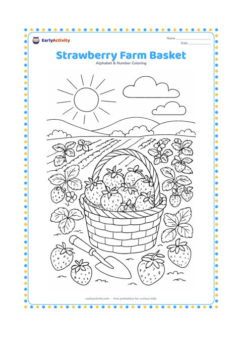 Colouring page: A woven basket overflows with strawberries beside several planted rows, broad leaves, blossoms and a small hand trowel. Show berries at different sizes and stages, with a sunny farm…