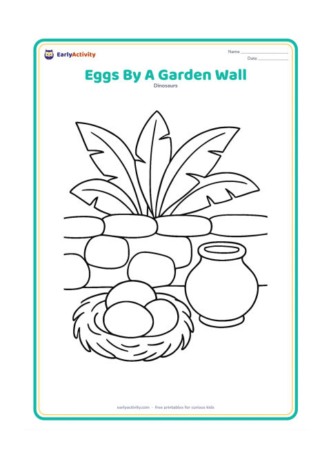Colouring page: A small nest with two eggs rests beside a low stone wall and broad tropical leaves, suggesting a sunny Indian garden. A clay water pot sits nearby without any markings.