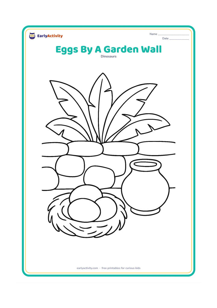 Colouring page: A small nest with two eggs rests beside a low stone wall and broad tropical leaves, suggesting a sunny Indian garden. A clay water pot sits nearby without any markings.
