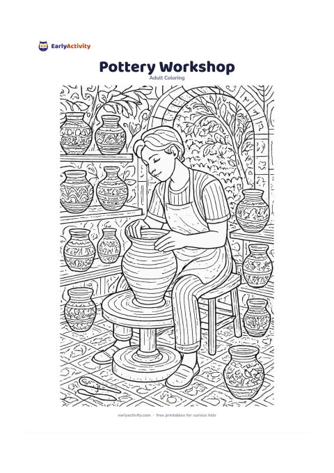 Colouring page: A craftsperson shapes a clay pot at a low pottery wheel, surrounded by finished pots, clay tools, shelves and a leafy courtyard visible through an opening. Keep the person and wheel…