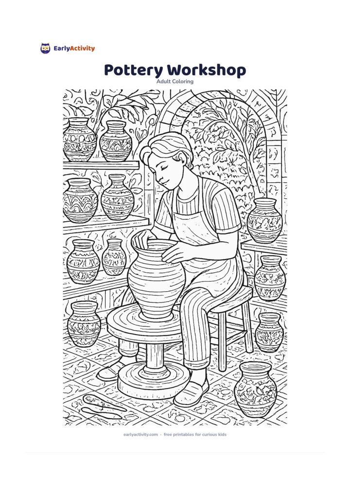 Colouring page: A craftsperson shapes a clay pot at a low pottery wheel, surrounded by finished pots, clay tools, shelves and a leafy courtyard visible through an opening. Keep the person and wheel…