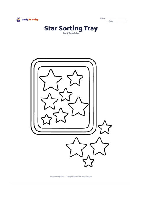 Worksheet: Show a shallow tray containing separate blank star templates in three sizes, with a few stars placed beside the tray for sorting. Use clear outlines and enough space for the shapes to be…