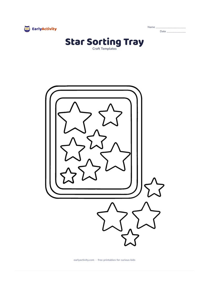 Worksheet: Show a shallow tray containing separate blank star templates in three sizes, with a few stars placed beside the tray for sorting. Use clear outlines and enough space for the shapes to be…