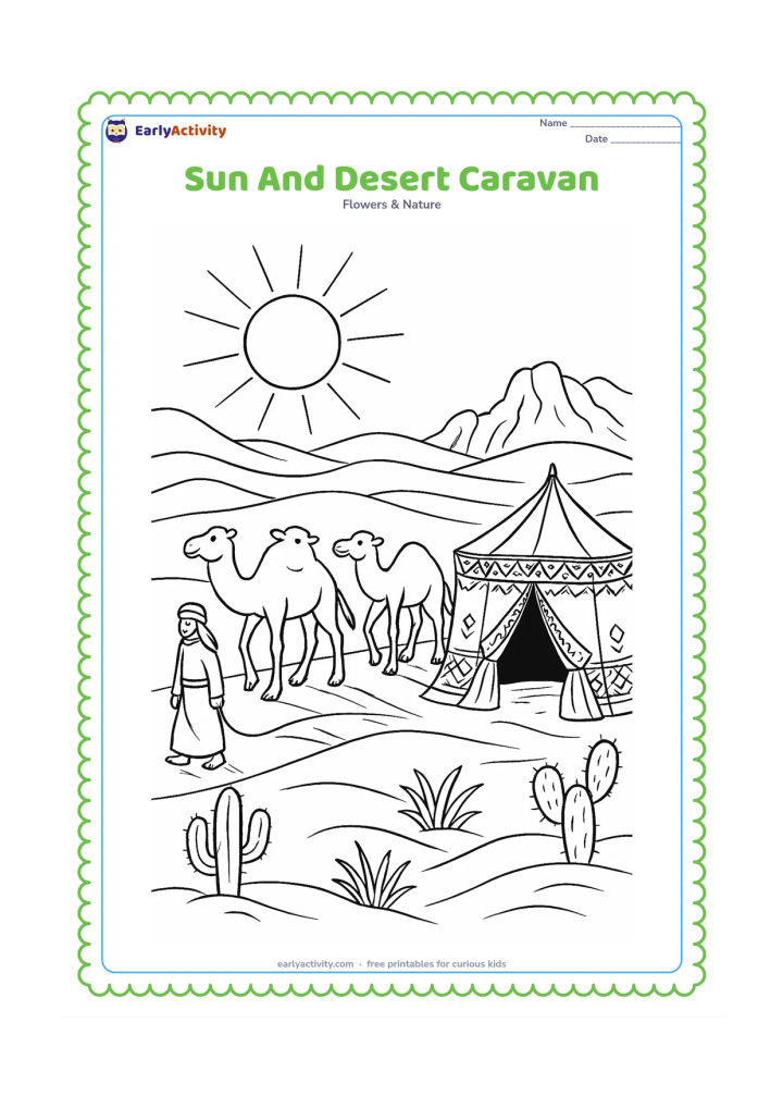 Colouring page: Draw a bright sun over a peaceful desert landscape with rolling dunes, a camel caravan, a decorated tent, desert plants, distant rocky hills and long cast shadows. Keep the people and…