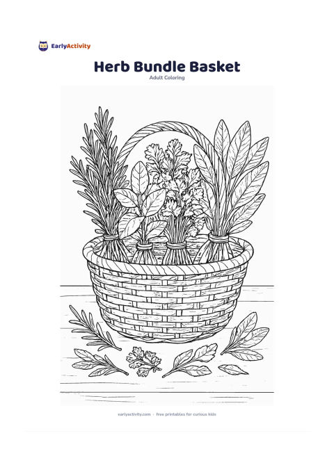 Colouring page: Draw a woven basket holding tied bundles of rosemary, mint, coriander, and sage, with loose sprigs resting beside it. Place the basket on a kitchen garden table with a few scattered leaves.