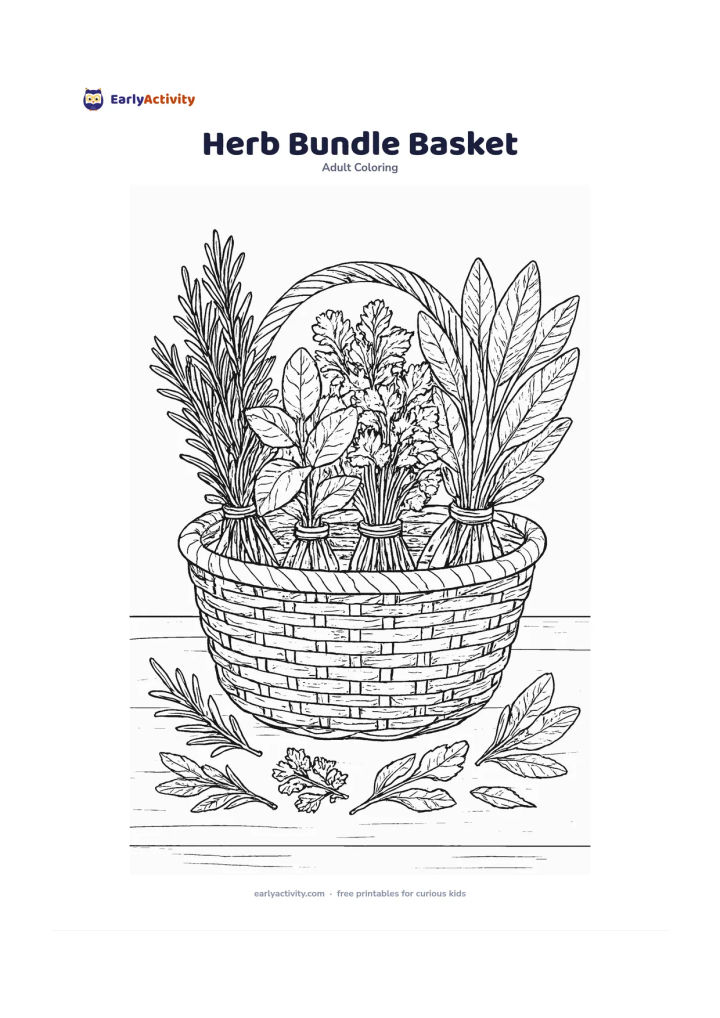 Colouring page: Draw a woven basket holding tied bundles of rosemary, mint, coriander, and sage, with loose sprigs resting beside it. Place the basket on a kitchen garden table with a few scattered leaves.