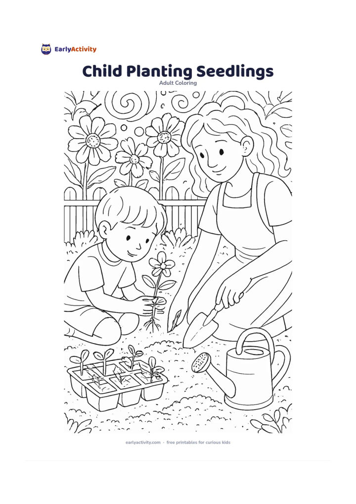 Colouring page: Draw a child planting small flowering seedlings in a garden bed beside an adult helper, with a trowel, watering can, seed tray and mature flowers nearby. Include visible soil, roots on…