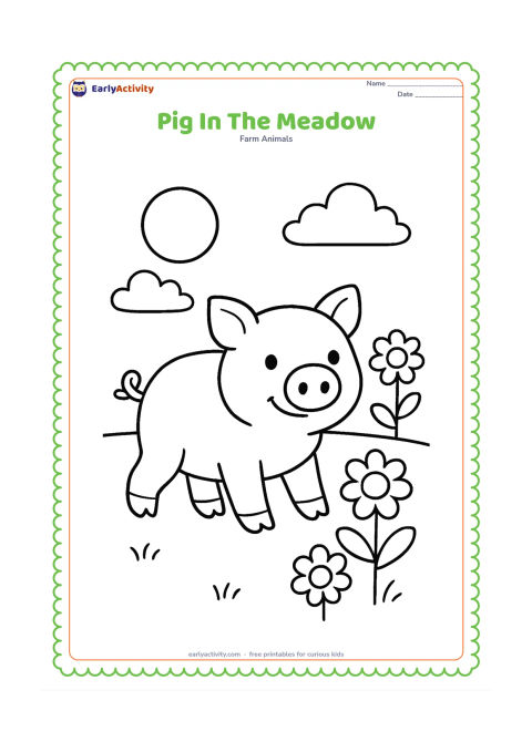 Colouring page: A pig walks across a wide meadow toward the viewer, with a round sun, two clouds and three oversized flowers in the background.