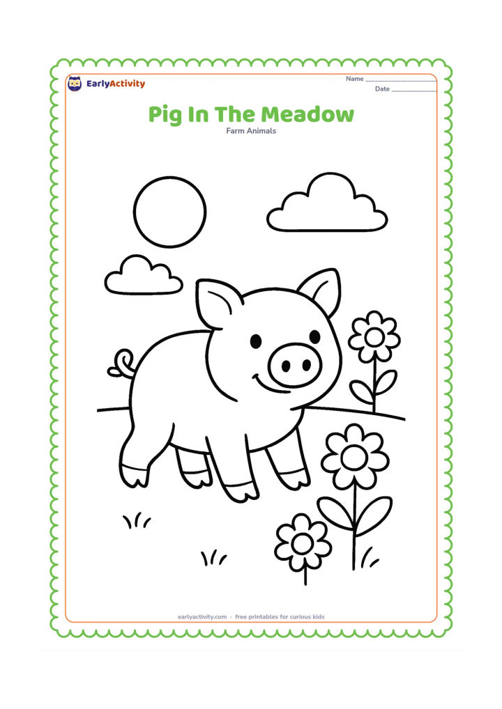 Colouring page: A pig walks across a wide meadow toward the viewer, with a round sun, two clouds and three oversized flowers in the background.