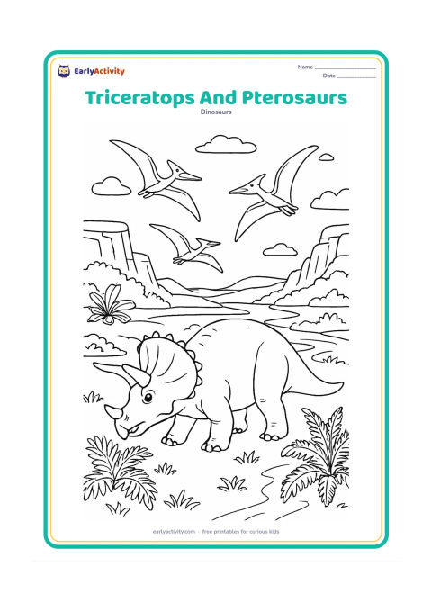 Colouring page: A triceratops grazes in a broad prehistoric valley while several friendly pterosaurs glide high above. Add ferns, cycads, distant cliffs, small clouds, and a winding stream, with no…