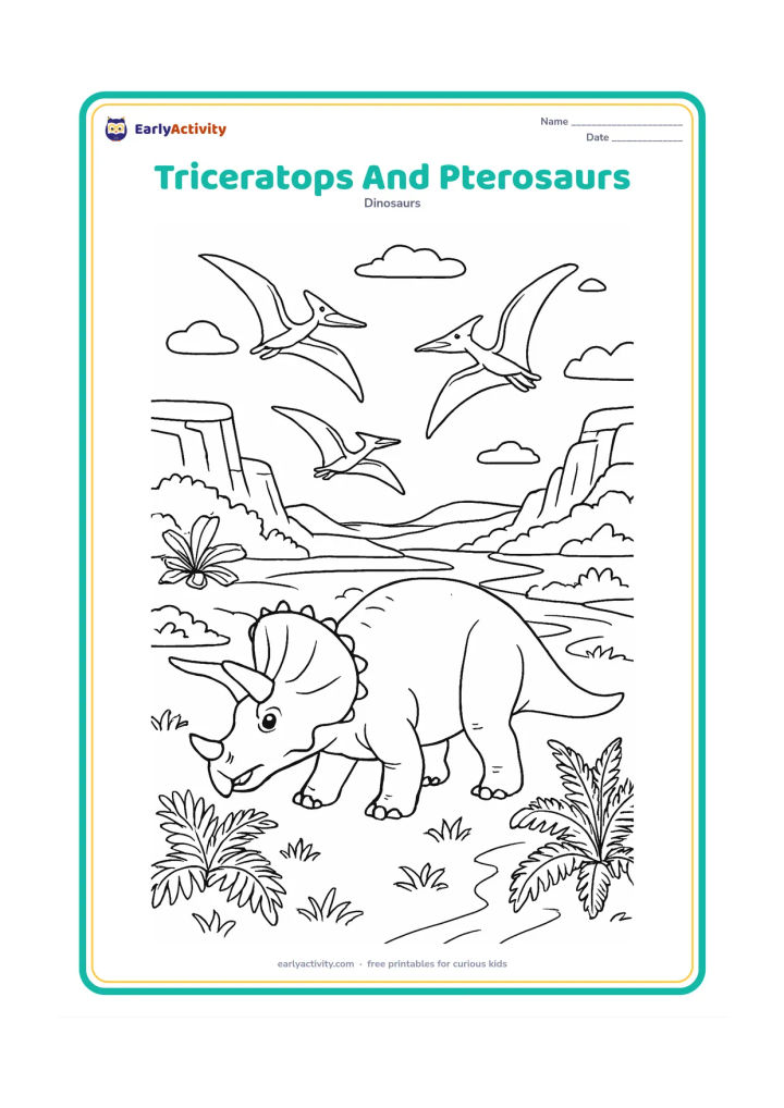 Colouring page: A triceratops grazes in a broad prehistoric valley while several friendly pterosaurs glide high above. Add ferns, cycads, distant cliffs, small clouds, and a winding stream, with no…