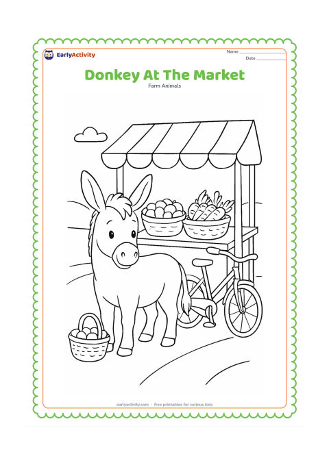 Colouring page: A friendly donkey stands beside a simple village market stall carrying baskets of vegetables and fruit. Include a woven basket, a cloth canopy, a bicycle leaning nearby and a broad…