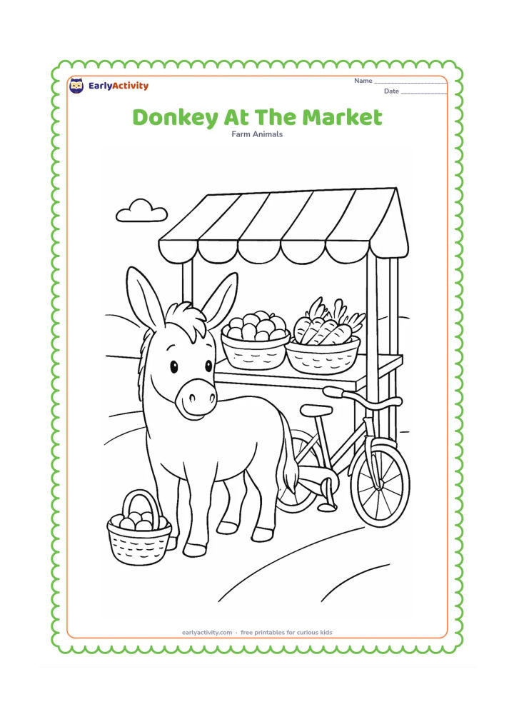 Colouring page: A friendly donkey stands beside a simple village market stall carrying baskets of vegetables and fruit. Include a woven basket, a cloth canopy, a bicycle leaning nearby and a broad…