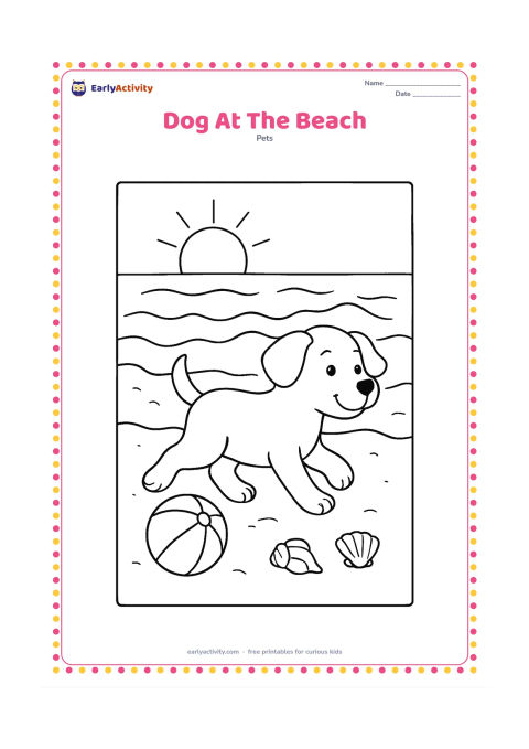 Colouring page: Draw a dog trotting along a beach beside a small beach ball, with waves behind it and a sun low near the horizon. Add two seashells and a simple curved shoreline.