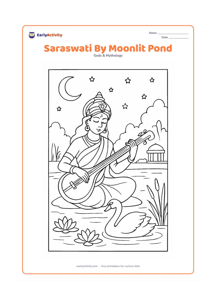 Colouring page: Saraswati sits beside a pond at evening with her veena, while a swan glides among lotus flowers. Include a crescent moon, stars without patterns, reeds, ripples, a small pavilion, and…