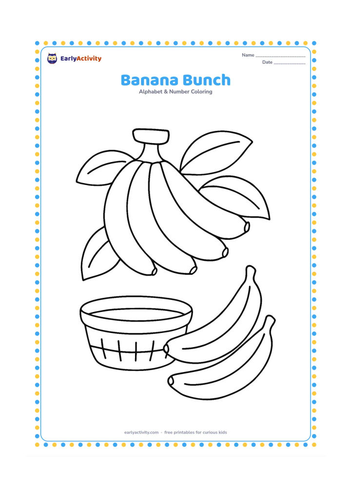 Colouring page: Draw a large bunch of bananas hanging from a short stem, with two loose bananas beside it. Add a plain basket underneath and a few broad leaf shapes in the background.
