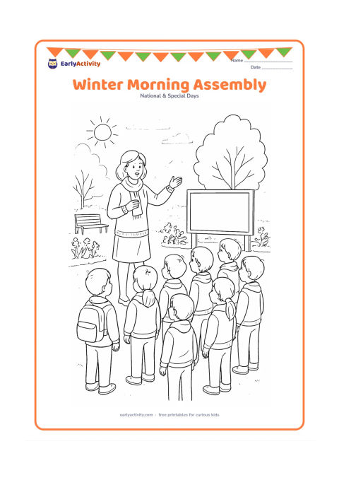 Colouring page: Children in sweaters gather for a morning assembly in a school garden while a teacher gestures warmly at the front. Include misty trees, flower beds, benches, and the soft early-morning sun.