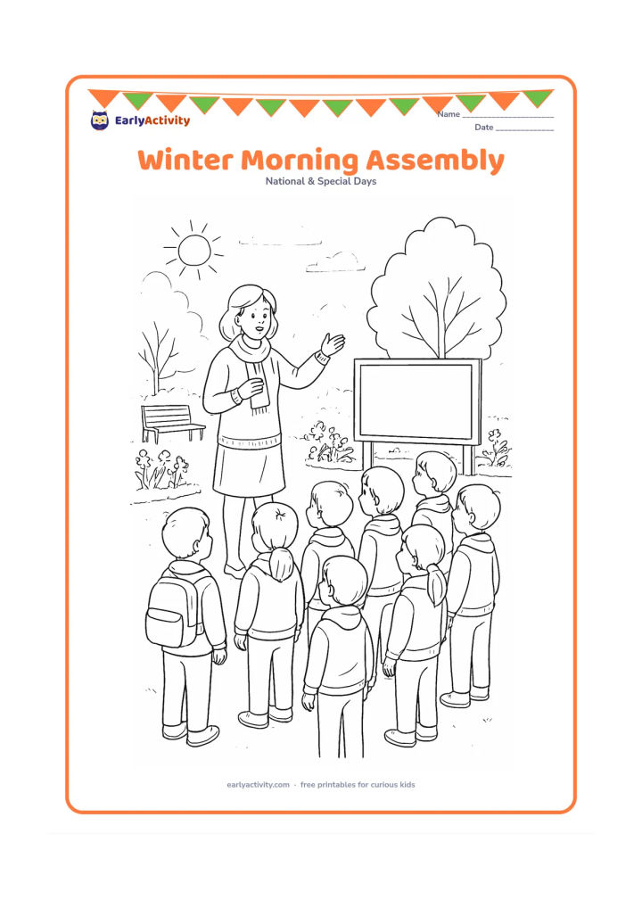Colouring page: Children in sweaters gather for a morning assembly in a school garden while a teacher gestures warmly at the front. Include misty trees, flower beds, benches, and the soft early-morning sun.