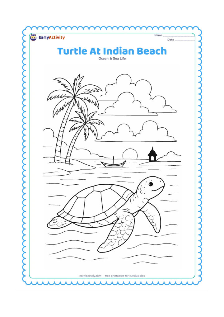 Colouring page: Draw a sea turtle swimming just offshore from an Indian coastal beach, with coconut palms, a distant wooden fishing boat, a small shore shrine silhouette, and warm evening clouds.