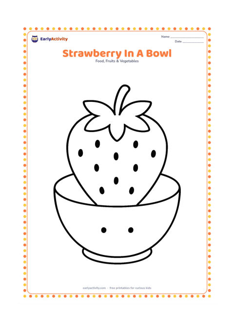 Colouring page: Draw one oversized strawberry resting in a simple round bowl, with its leafy top clearly visible and two tiny decorative dots on the bowl. Keep the composition centered.