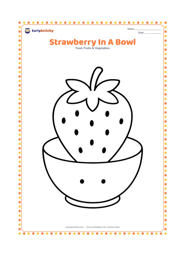 Colouring page: Draw one oversized strawberry resting in a simple round bowl, with its leafy top clearly visible and two tiny decorative dots on the bowl. Keep the composition centered.