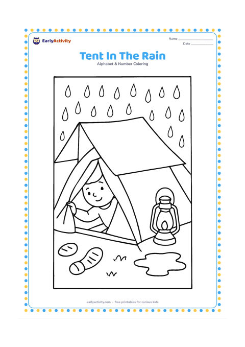 Colouring page: Draw a camping tent beneath a rain shelter, with raindrops falling outside, muddy boot prints, a lantern, and a small puddle. Show a child pulling the tent flap closed from inside.