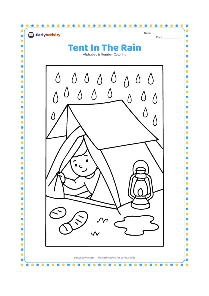 Colouring page: Draw a camping tent beneath a rain shelter, with raindrops falling outside, muddy boot prints, a lantern, and a small puddle. Show a child pulling the tent flap closed from inside.