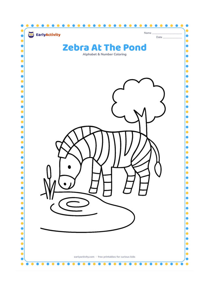 Colouring page: Draw a zebra bending its head to drink from a small pond. Include a few smooth water ripples, two reeds and one leafy tree, leaving plenty of open space.