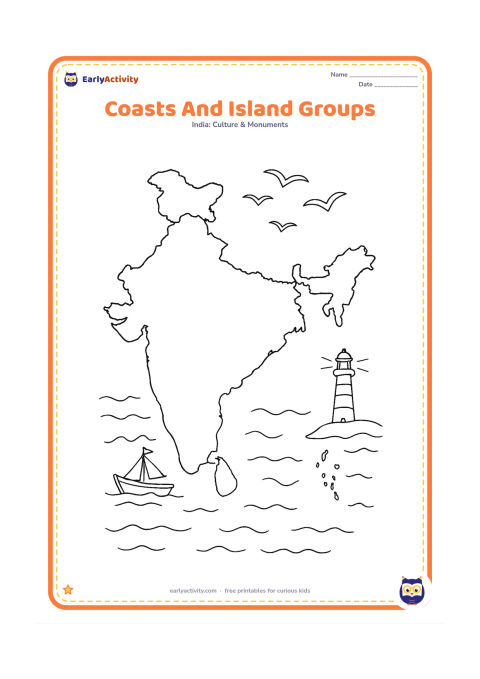 Colouring page: Draw a detailed India map emphasizing both long coastlines, the Arabian Sea and Bay of Bengal as blank surrounding areas, and accurately separated island groups. Add waves, a fishing…