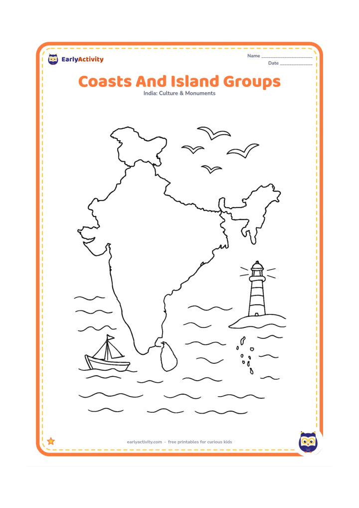 Colouring page: Draw a detailed India map emphasizing both long coastlines, the Arabian Sea and Bay of Bengal as blank surrounding areas, and accurately separated island groups. Add waves, a fishing…