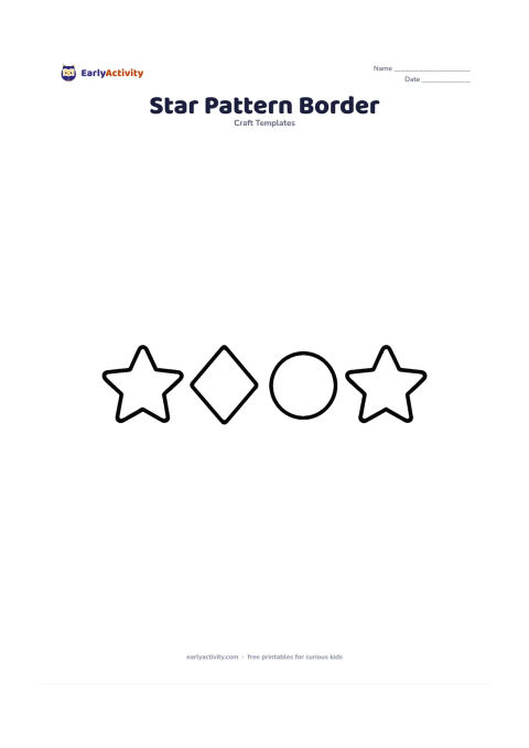 Worksheet: Create a horizontal classroom-border strip with repeating blank stars alternating with simple diamond and circle outlines. Keep the shapes evenly spaced and large enough to colour, cut…