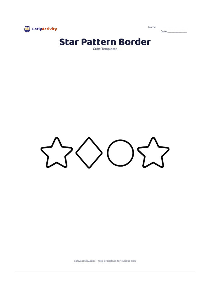 Worksheet: Create a horizontal classroom-border strip with repeating blank stars alternating with simple diamond and circle outlines. Keep the shapes evenly spaced and large enough to colour, cut…
