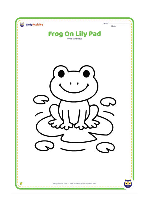 Colouring page: Draw one cheerful frog sitting on a large lily pad, with two simple water ripples and a few round pond leaves around it. Keep the frog's body, eyes and lily pad as large, separate shapes.