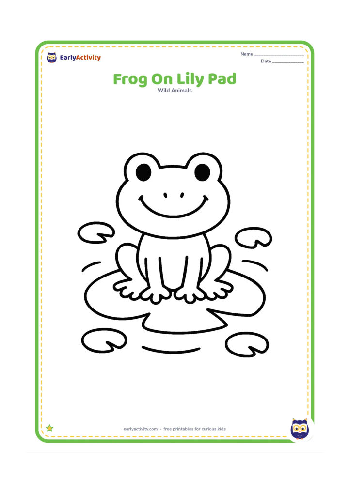Colouring page: Draw one cheerful frog sitting on a large lily pad, with two simple water ripples and a few round pond leaves around it. Keep the frog's body, eyes and lily pad as large, separate shapes.