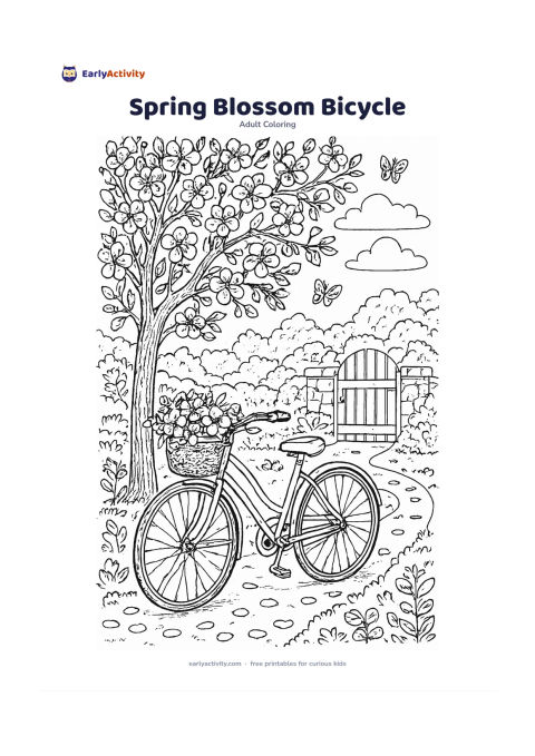 Colouring page: Draw a vintage bicycle leaning against a flowering tree in spring, with a basket of flowers, a garden gate, butterflies, fallen petals and a winding path. Add clouds and layered bushes…