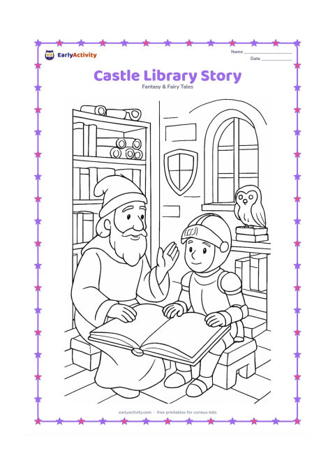 Colouring page: A knight sits in a castle library listening to a storyteller beside a large open picture book with blank pages. Show tall shelves, scrolls without markings, a shield, a helmet, a window,…