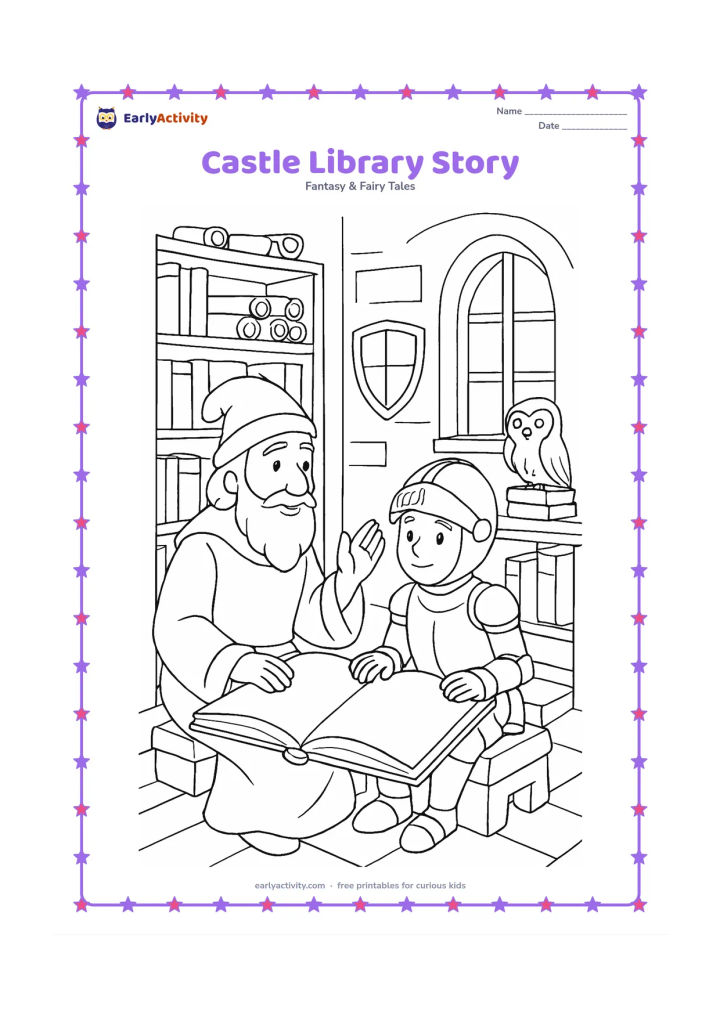 Colouring page: A knight sits in a castle library listening to a storyteller beside a large open picture book with blank pages. Show tall shelves, scrolls without markings, a shield, a helmet, a window,…