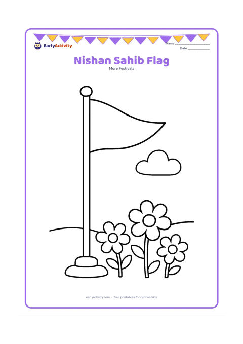 Colouring page: Draw a tall Nishan Sahib flag on a simple pole, with a broad triangular flag waving gently and a small base surrounded by three large flowers. Show the flag clearly against an open sky.