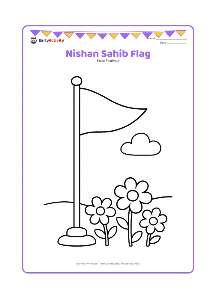Colouring page: Draw a tall Nishan Sahib flag on a simple pole, with a broad triangular flag waving gently and a small base surrounded by three large flowers. Show the flag clearly against an open sky.