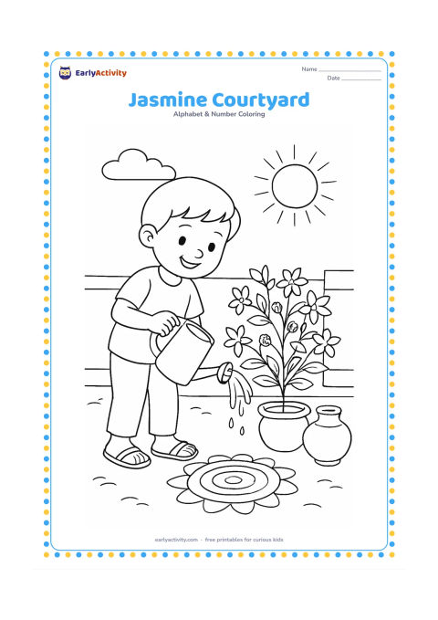 Colouring page: Draw a child watering a jasmine plant in a sunny Indian courtyard. Include a low wall, a clay pot, several blossoms, and a small rangoli-inspired circular pattern without symbols or writing.