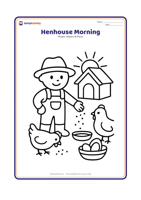 Colouring page: A farmer scatters feed for two hens outside a small henhouse. Add a shallow bowl, a few large eggs in a basket, and a rising sun behind the roof.