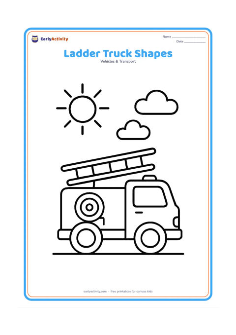 Colouring page: Draw a side-view ladder fire truck with a short raised ladder, two large wheels, a cab window and a hose reel. Place it on a plain ground line with a sun and two clouds.
