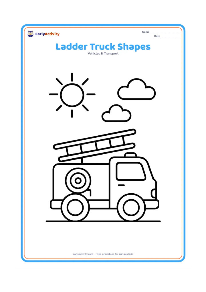 Colouring page: Draw a side-view ladder fire truck with a short raised ladder, two large wheels, a cab window and a hose reel. Place it on a plain ground line with a sun and two clouds.