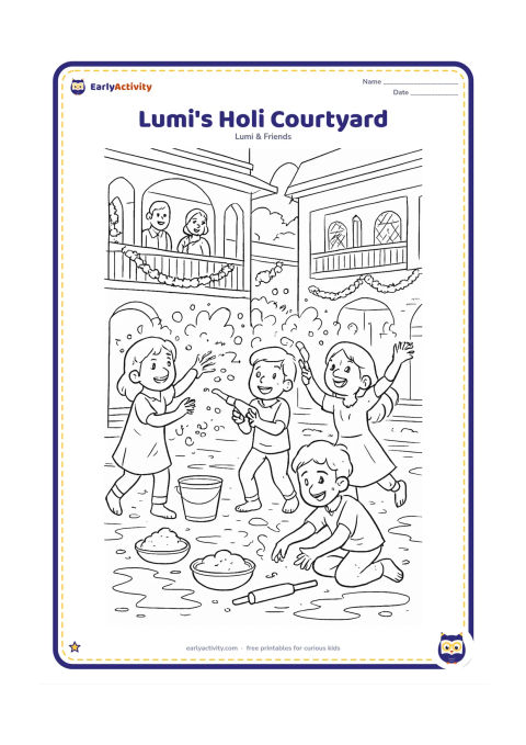 Colouring page: Lumi joins several friends in a lively Holi courtyard, tossing powder and spraying water while adults watch from a veranda. Include bowls of coloured powder, pichkaris, buckets, flower…