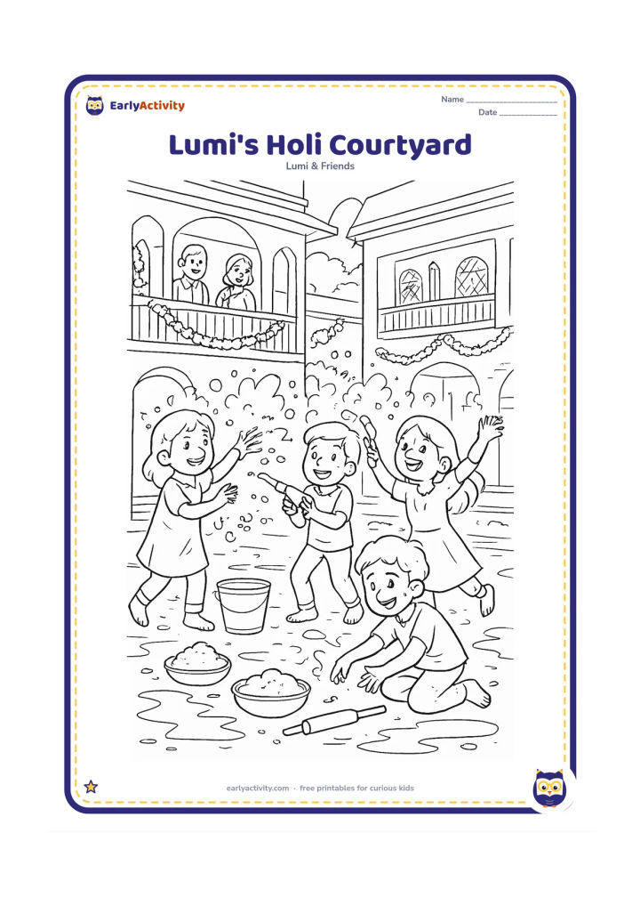 Colouring page: Lumi joins several friends in a lively Holi courtyard, tossing powder and spraying water while adults watch from a veranda. Include bowls of coloured powder, pichkaris, buckets, flower…