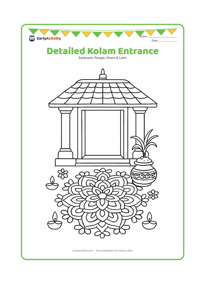 Colouring page: A large intricate symmetrical kolam fills the entrance to a traditional South Indian home, surrounded by small flowers, lamps, and a decorated Pongal pot. Show the doorway, pillars, and…
