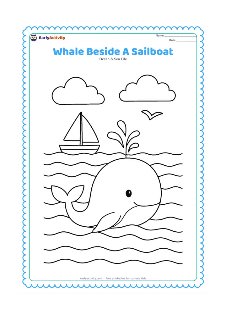 Colouring page: Draw a whale surfacing beside a small sailboat, with layered waves, a simple sail, clouds, and a distant seabird. The whale should be the main focus in the lower half of the page.