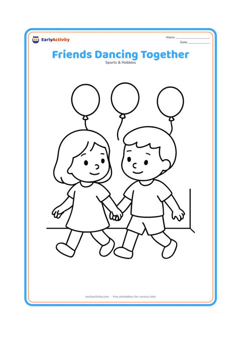 Colouring page: Draw two children holding hands while stepping sideways together, with one child looking left and the other looking right. Add a few balloons and a plain indoor wall behind them.