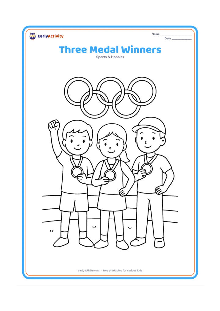 Colouring page: Three athletes stand together after a competition, each holding a plain round medal, with the Olympic rings behind and a simple sports field beneath them. Vary their sports clothing and…